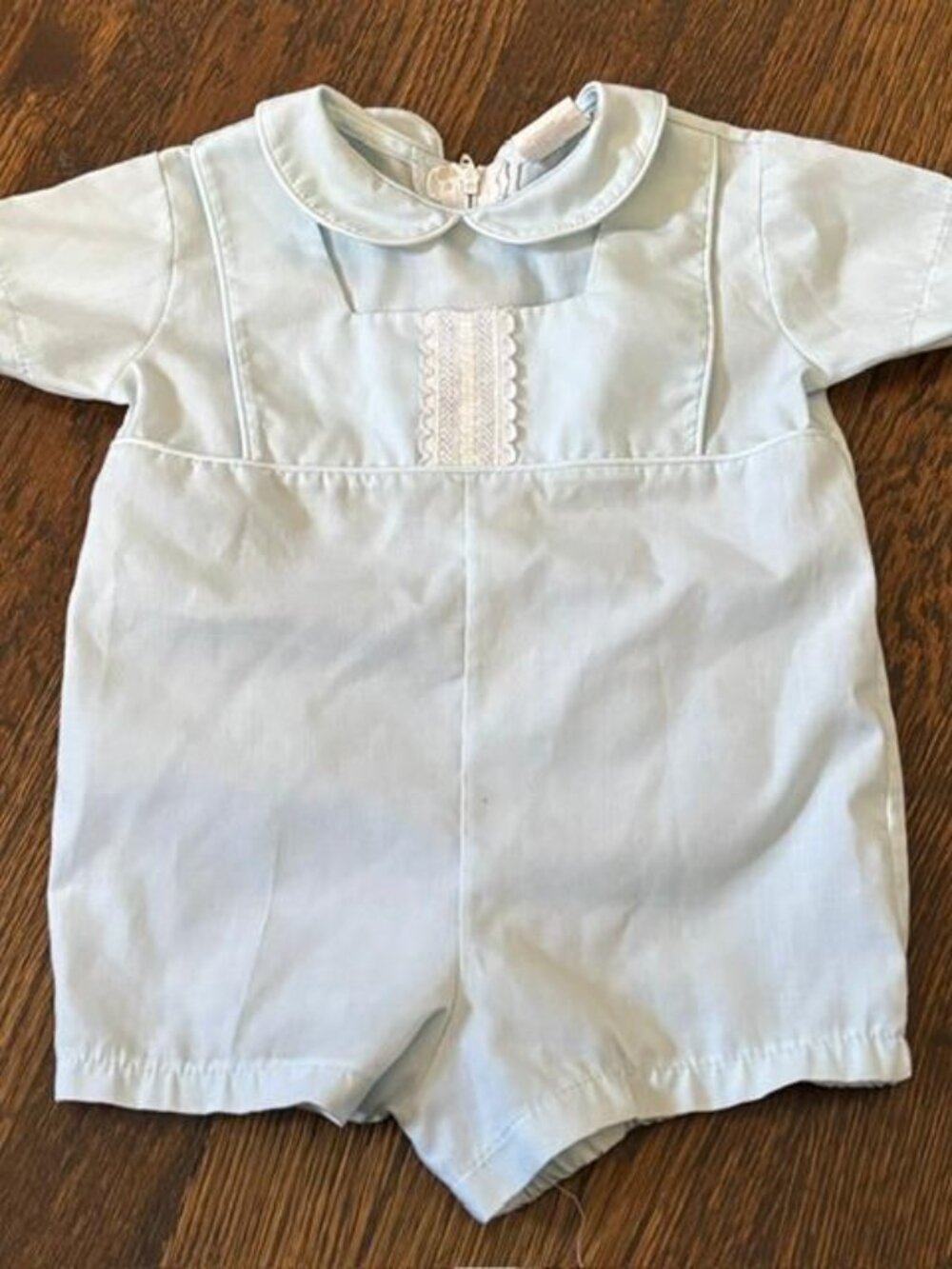 Vintage Bryan Baby Boy Light Blue Short Sleeve Romper Lace Detail 6-9 Months